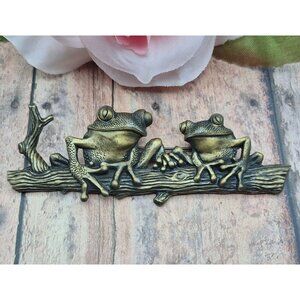 Vintage JJ Jonette1980s Pin Frogs on a Log Brooch Brass Collectible Frog Lovers